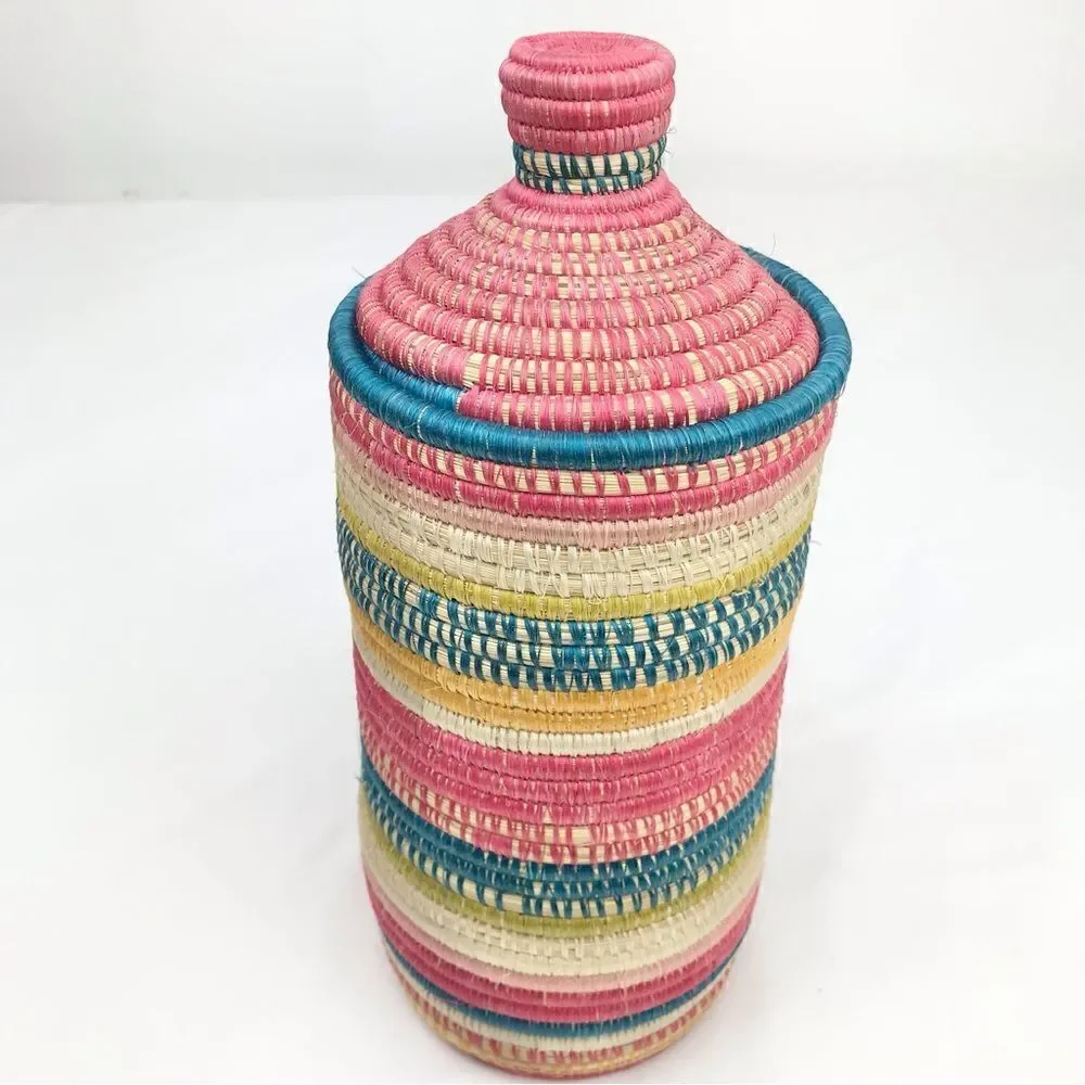 All Across Africa Handmade Colorful Woven Coil 11” Lidded Tassel Basket Canister